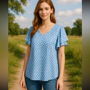 Love Ryan Los Angeles Blue/White  Womans Short Sleeve Top Blouse Size 2X